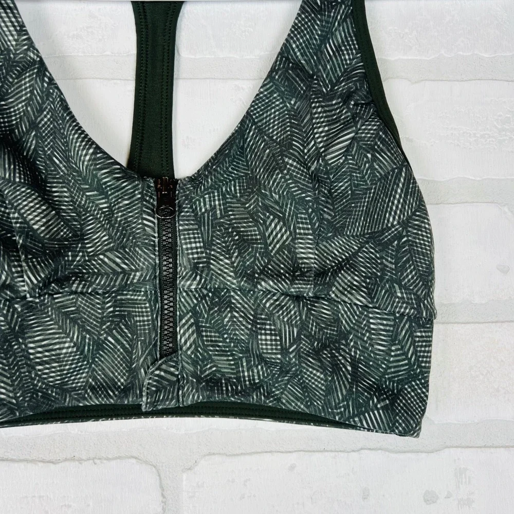 Lululemon Front Zip Racerback Sports Bra Green Geometric Palm Leaf Print Size 4